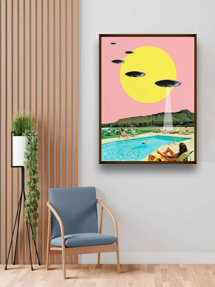 "Pink & Yellow Printed Framed Painting Wall Art''