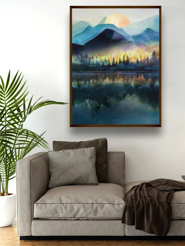 "Black & Blue Printed Framed Painting Wall Art''