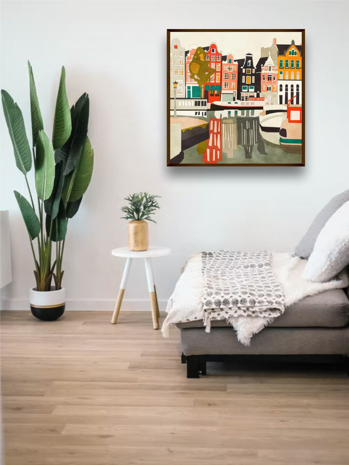 "Beige & Red Printed Framed Painting Wall Art''