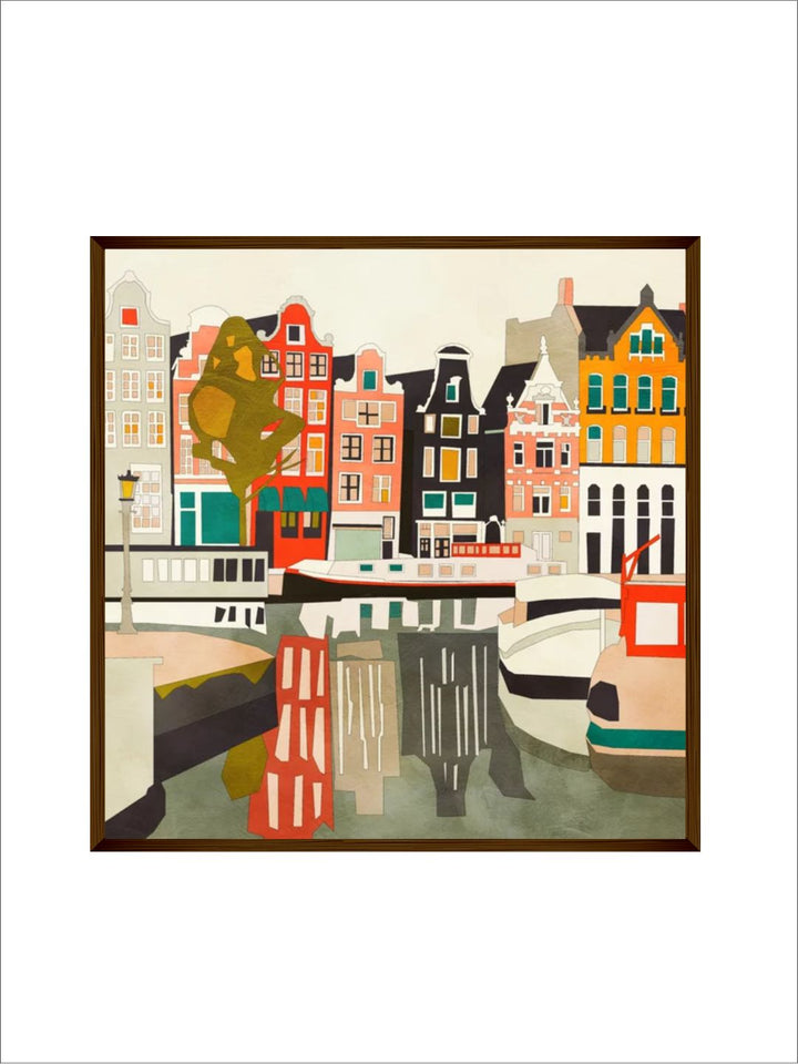 "Beige & Red Printed Framed Painting Wall Art''