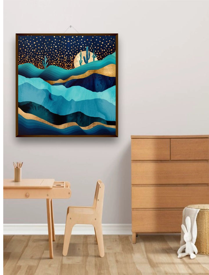 " Black & Blue Printed Framed Painting Wall Art''