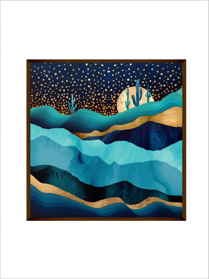 " Black & Blue Printed Framed Painting Wall Art''