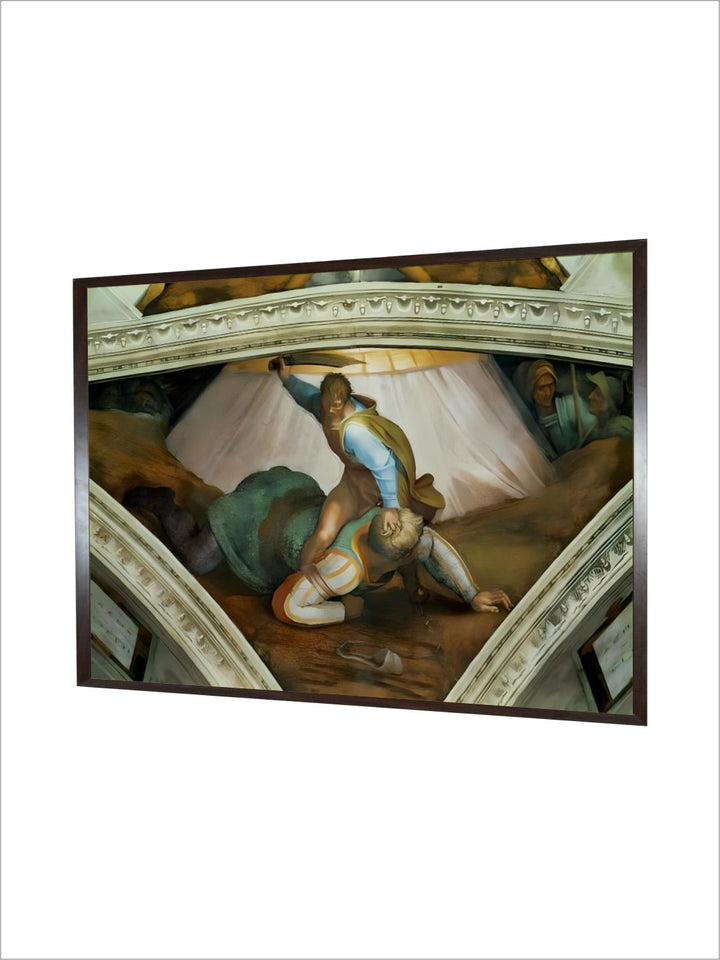 The Sistine Chapel; Ceiling Frescos after Restoration: david and Goliath by Michelangelo Buonarroti