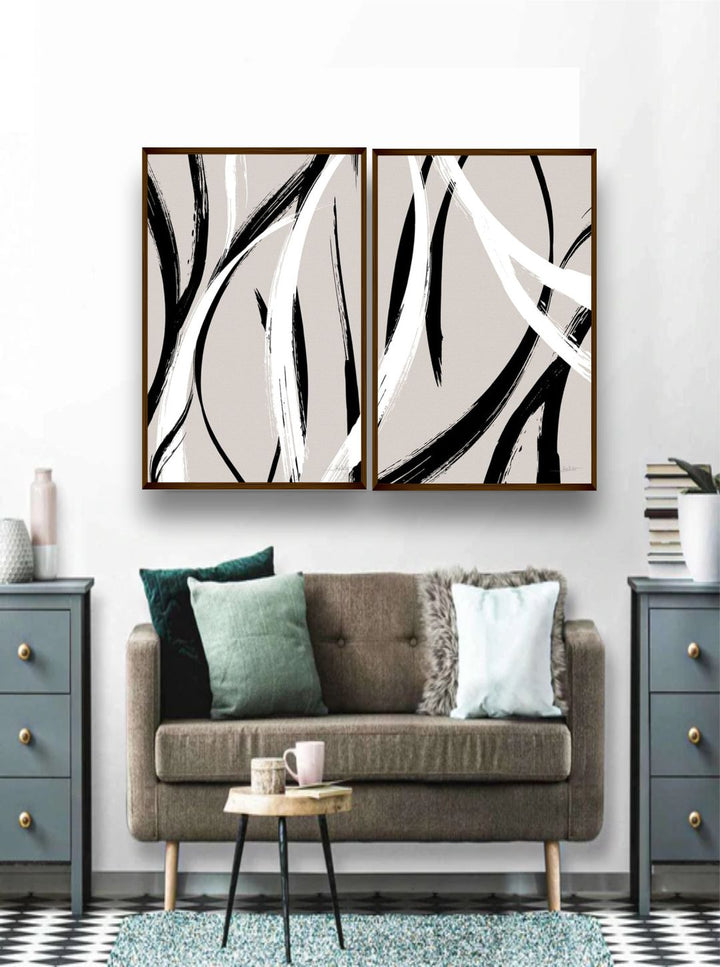 "  Set Of 2 Lavender-Colored & Black Abstract Framed Wall Painting''