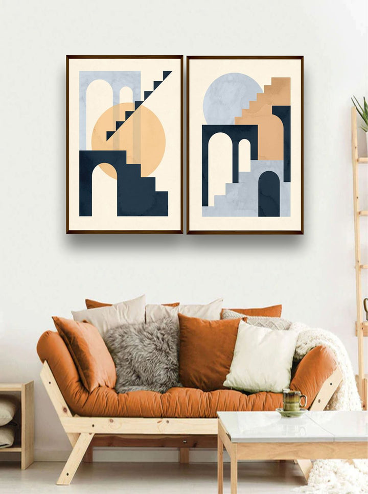 "   Set of 2 Beige & Yellow Abstract Printed Wood Wall Art''