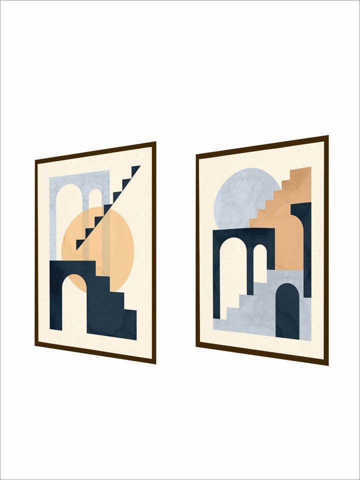 "   Set of 2 Beige & Yellow Abstract Printed Wood Wall Art''