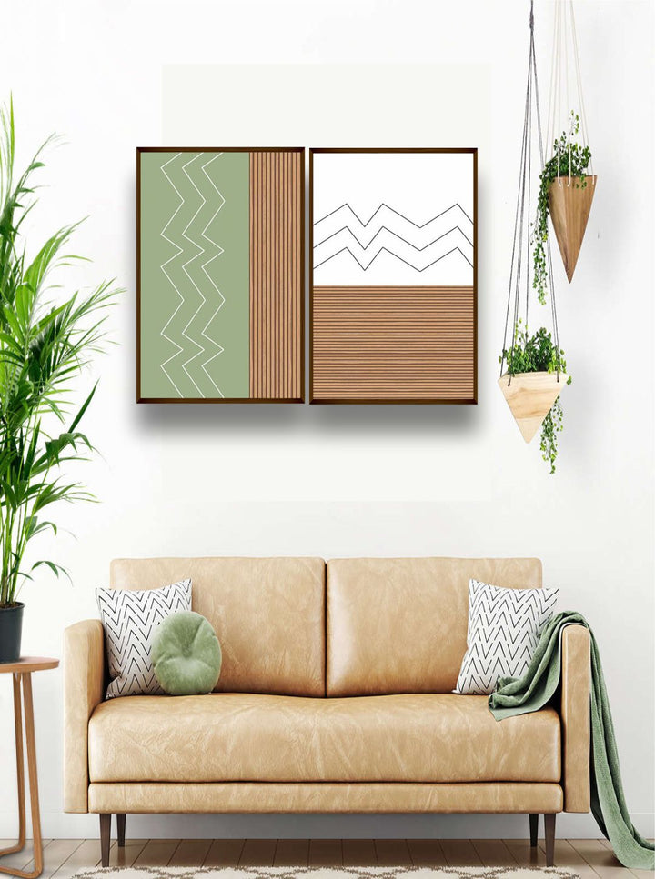 "  Set Of 2 Brown & Green Abstract Framed Wall Painting''