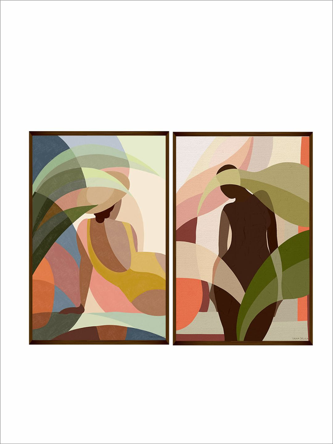 "   Set of 2 Brown & Green Abstract Framed Wall Painting''