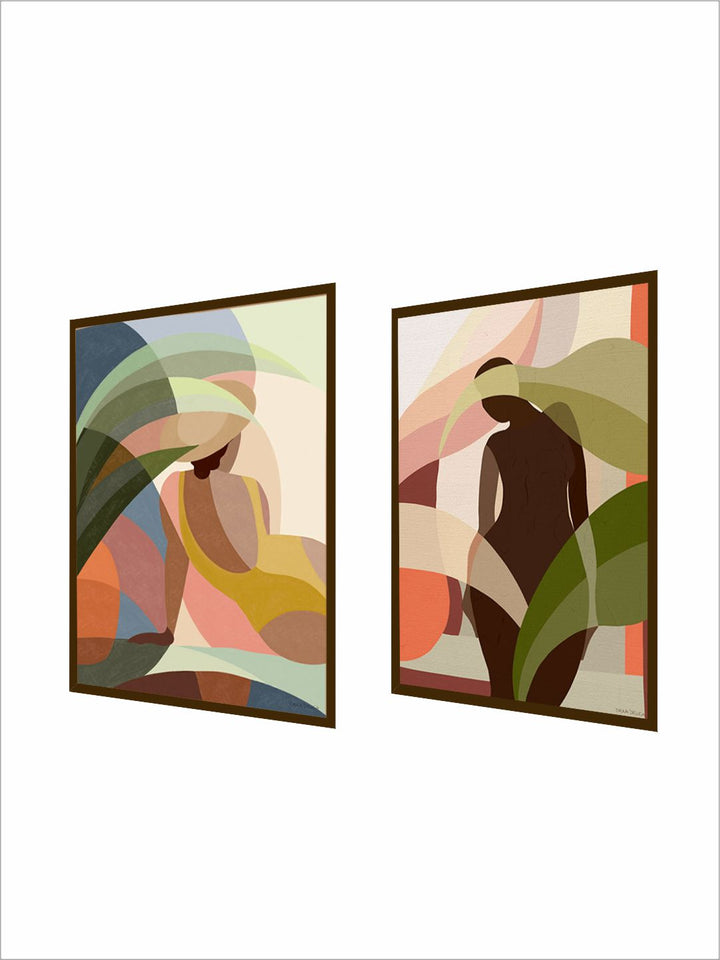 "   Set of 2 Brown & Green Abstract Framed Wall Painting''