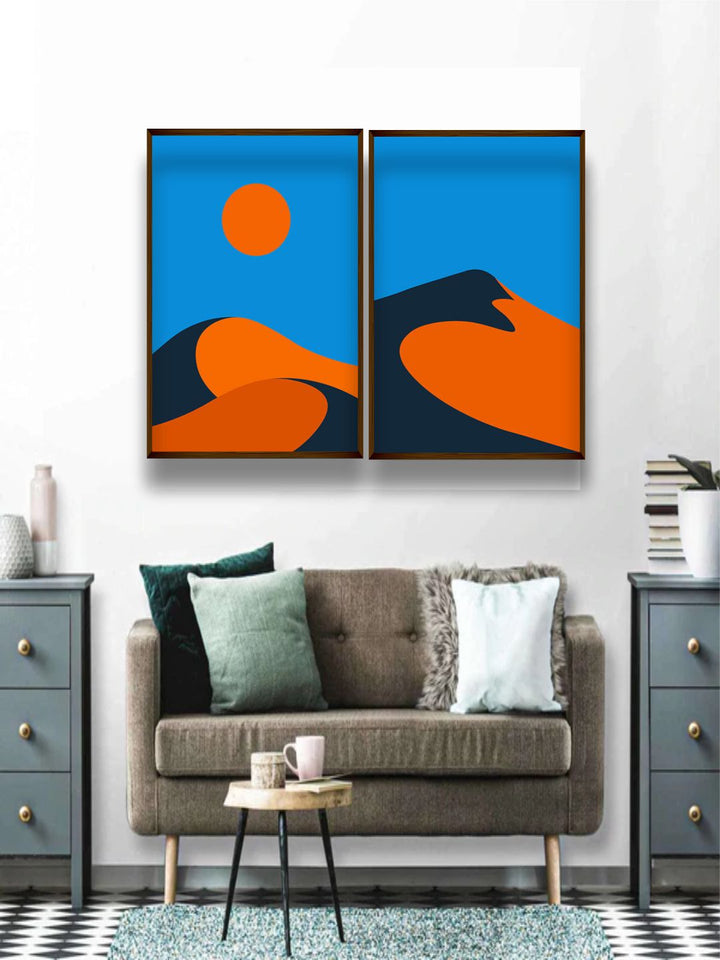 "   Set Of 2 Blue & Orange Abstract Framed Wall Painting''