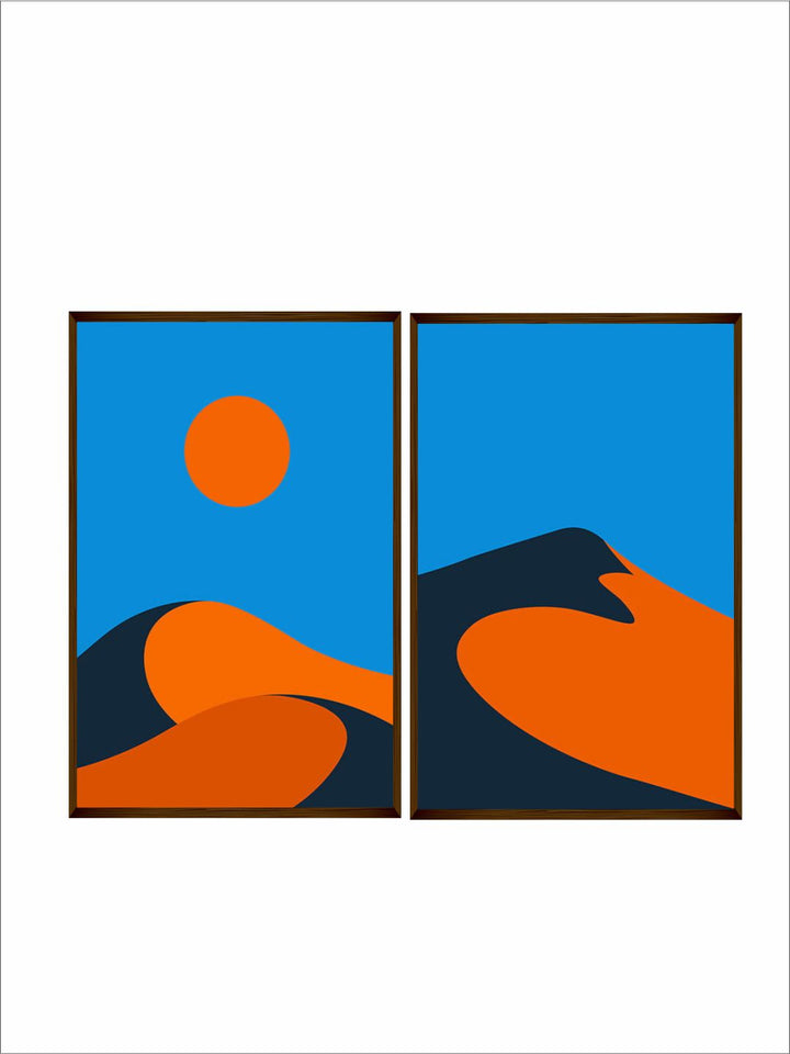 "   Set Of 2 Blue & Orange Abstract Framed Wall Painting''