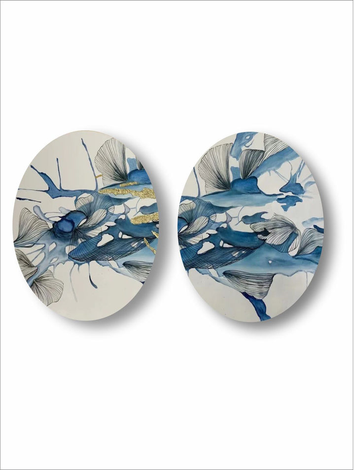 " Set Of 2 Blue & Grey Abstract Painting Framed Wall Art''