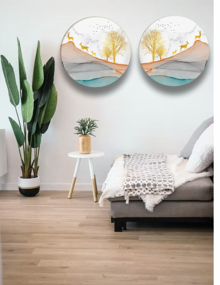 "  Set Of 2 White & Blue Printed Abstract Painting Wall Art''