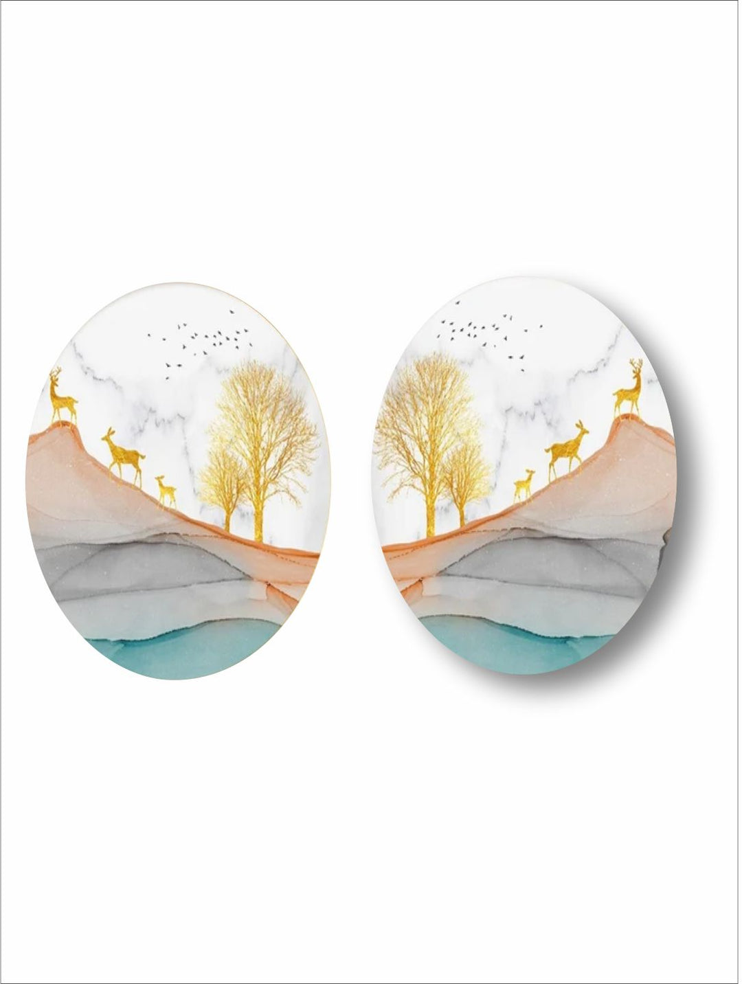 "  Set Of 2 White & Blue Printed Abstract Painting Wall Art''