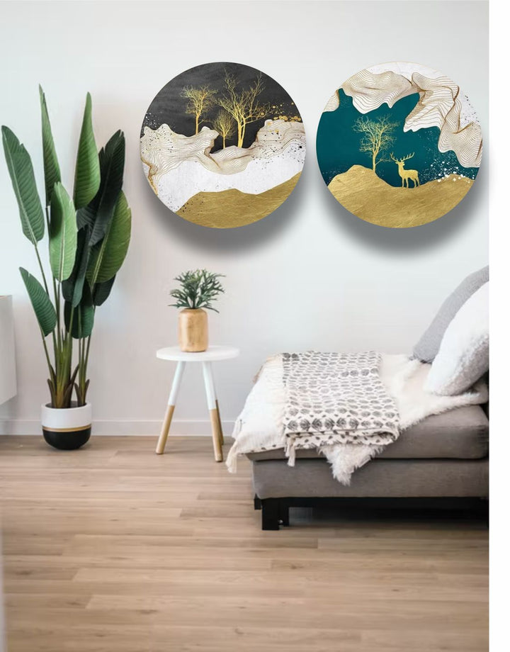 "   Grey & Green Printed Abstract Wood Wall Art''