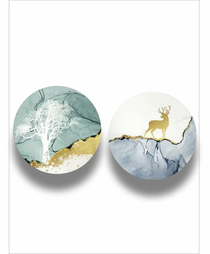 "  Set Of 2 White & Blue Printed Abstract Painting Wall Art''