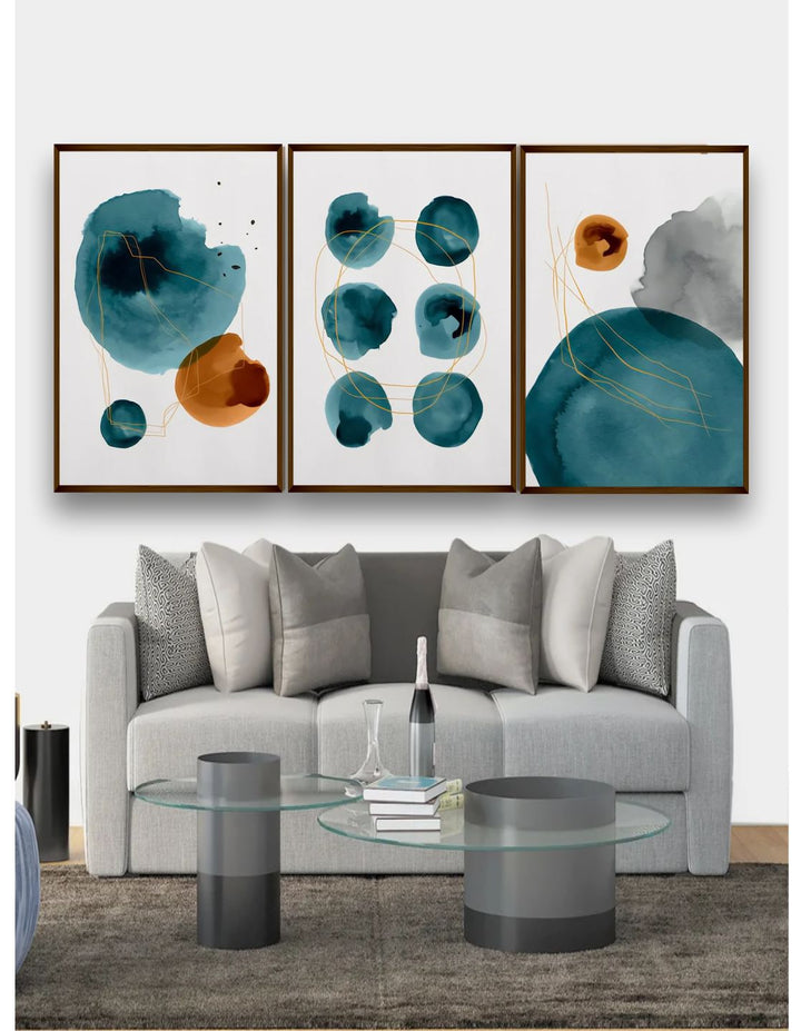" Set Of 3 White & Blue Abstract Painting Wall Art''