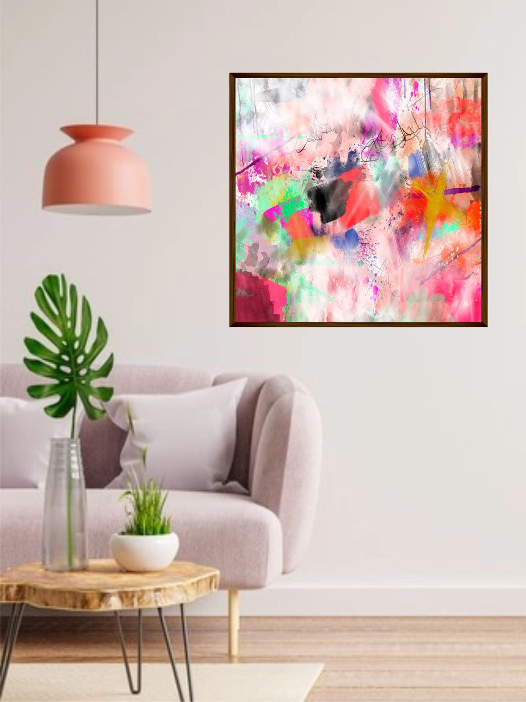 "Pink  Blue Abstract Framed Wall Painting''