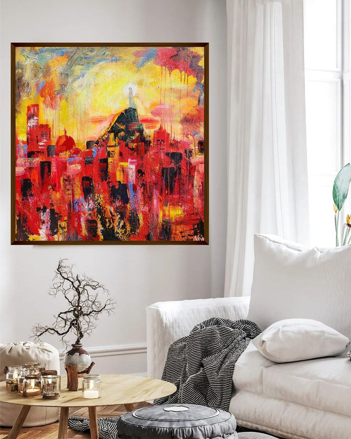 "Red  Yellow Abstract Painting Framed Wall Art''