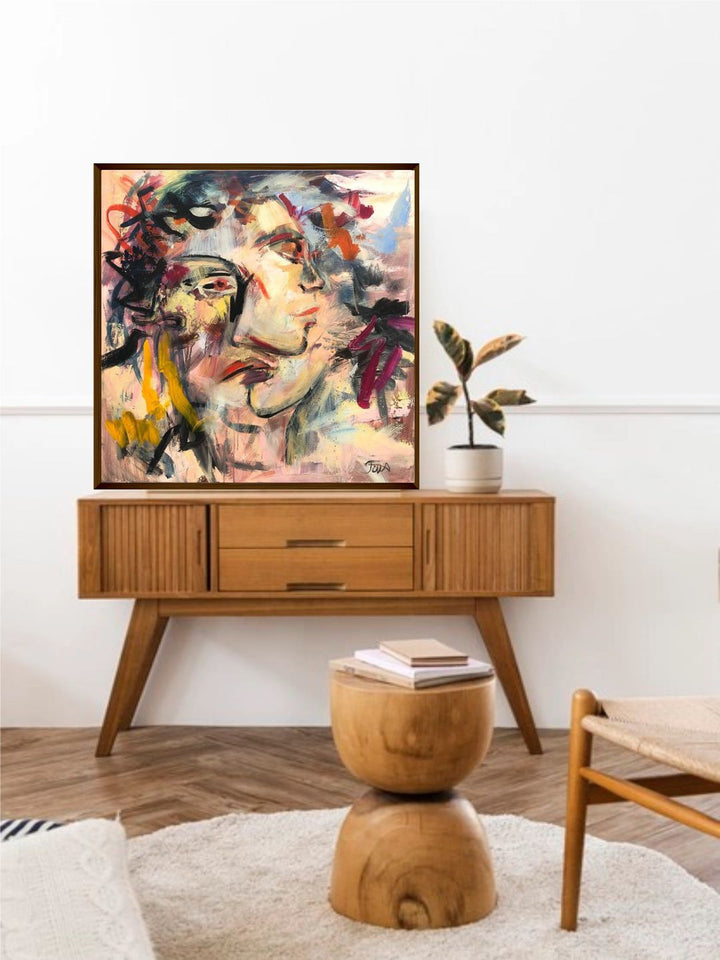 "Beige & Black Abstract Painting Framed Wall Art''