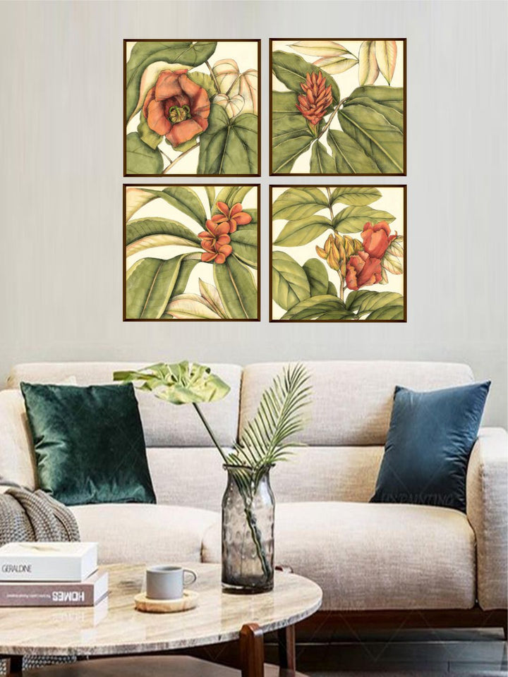 "Set of 4 White & Red Flower & Leaves Printed Canvas Wall Art''