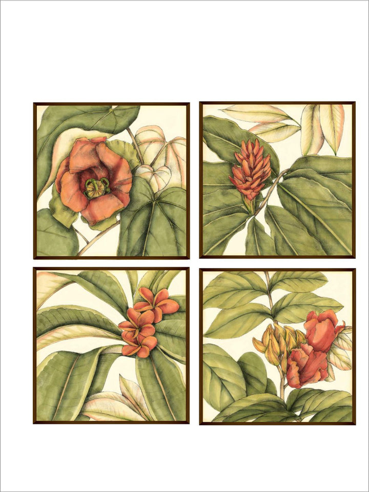 "Set of 4 White & Red Flower & Leaves Printed Canvas Wall Art''