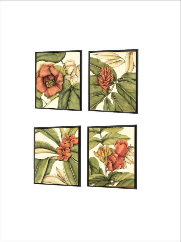 "Set of 4 White & Red Flower & Leaves Printed Canvas Wall Art''