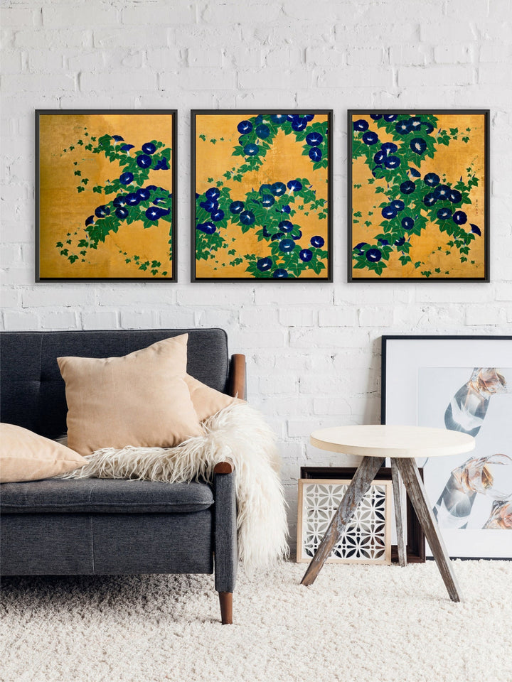 "Set of 3 Yellow & Green Flower & Leaves Printed Canvas Wall Art''