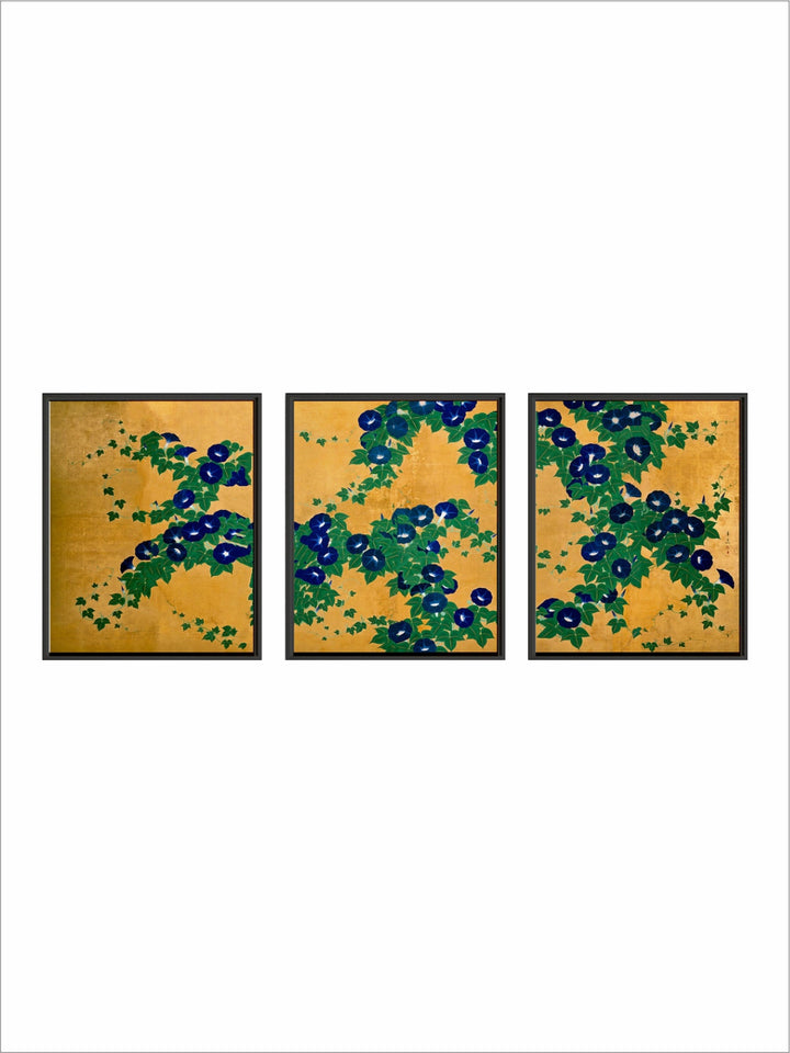 "Set of 3 Yellow & Green Flower & Leaves Printed Canvas Wall Art''