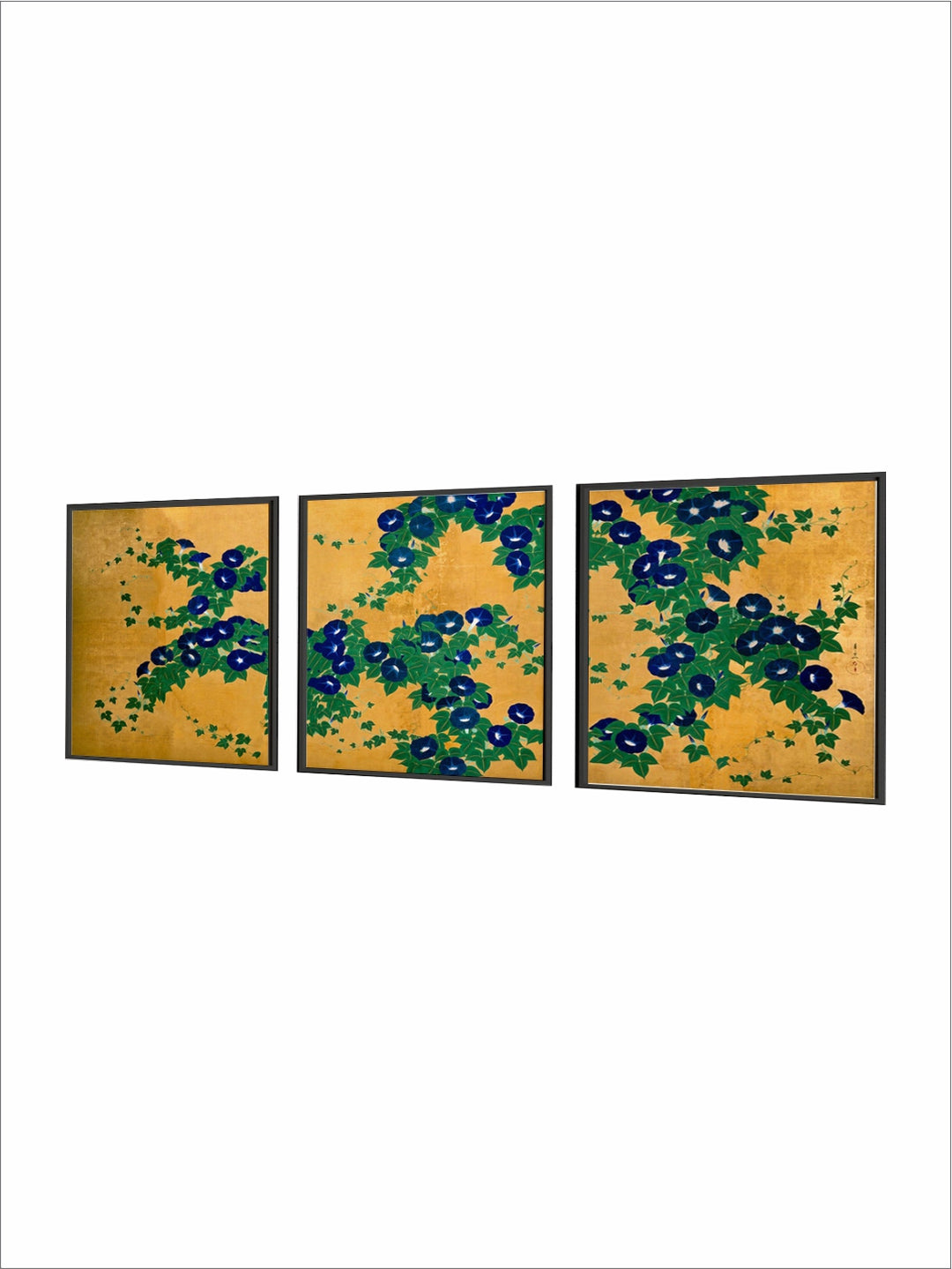 "Set of 3 Yellow & Green Flower & Leaves Printed Canvas Wall Art''
