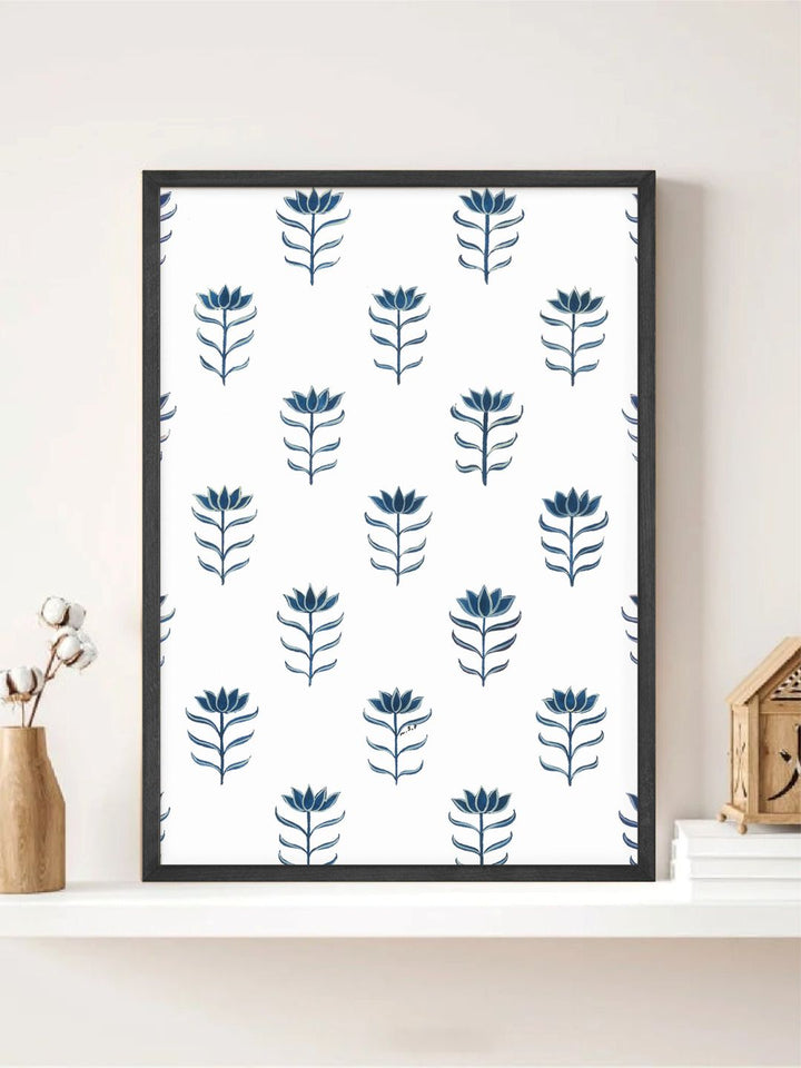 " White  Blue Indian Floral Painting Wall Art''