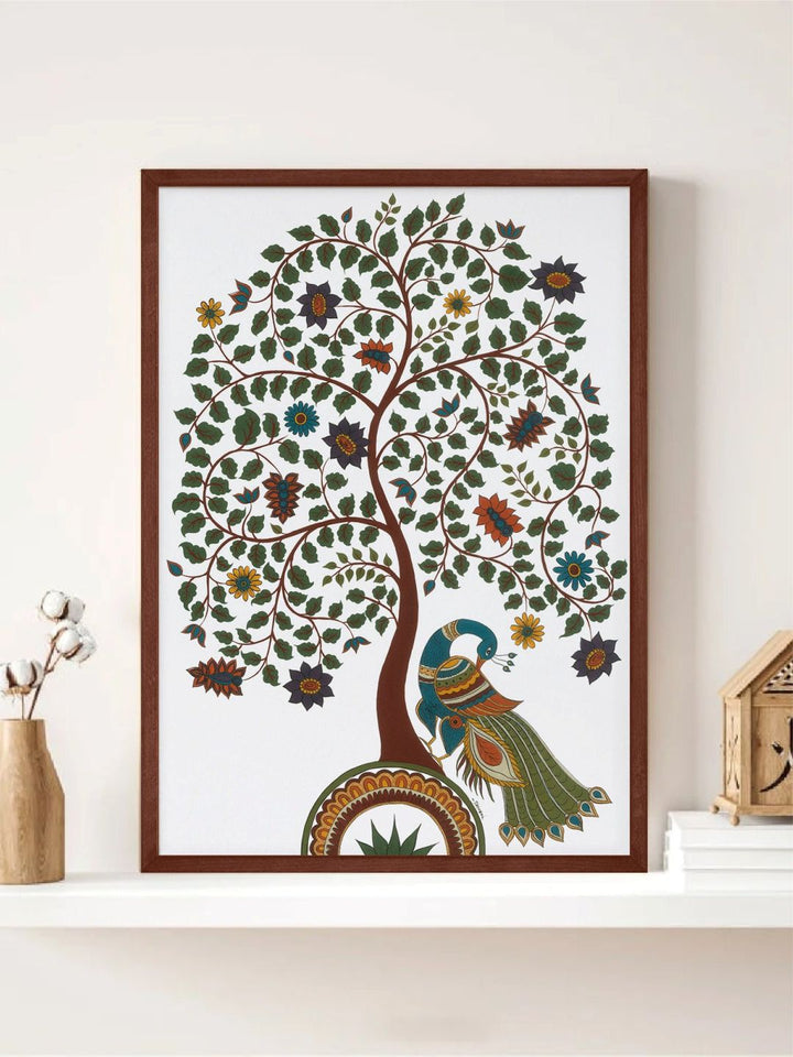 "Kalamkari Tree Of Life With Peacock Printed Framed Wall Art''