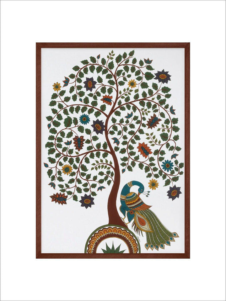"Kalamkari Tree Of Life With Peacock Printed Framed Wall Art''