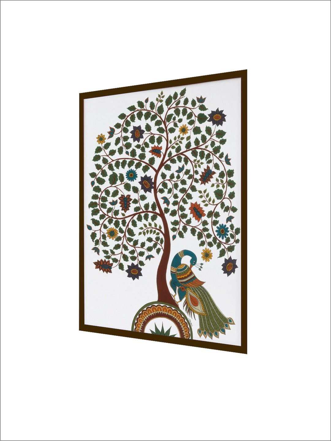 "Kalamkari Tree Of Life With Peacock Printed Framed Wall Art''