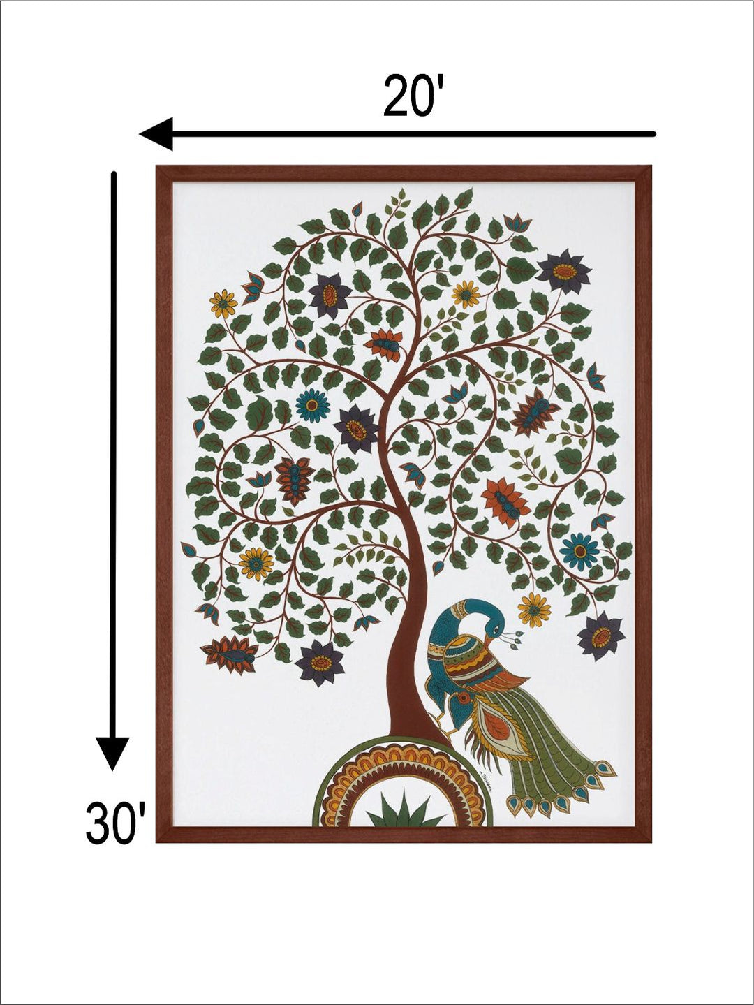 "Kalamkari Tree Of Life With Peacock Printed Framed Wall Art''