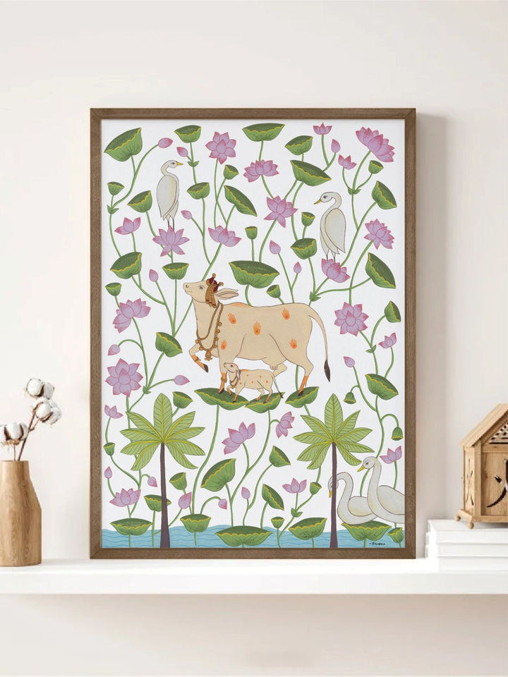 "Cow & Calf In Lotus Pond Printed Framed Wall Art''