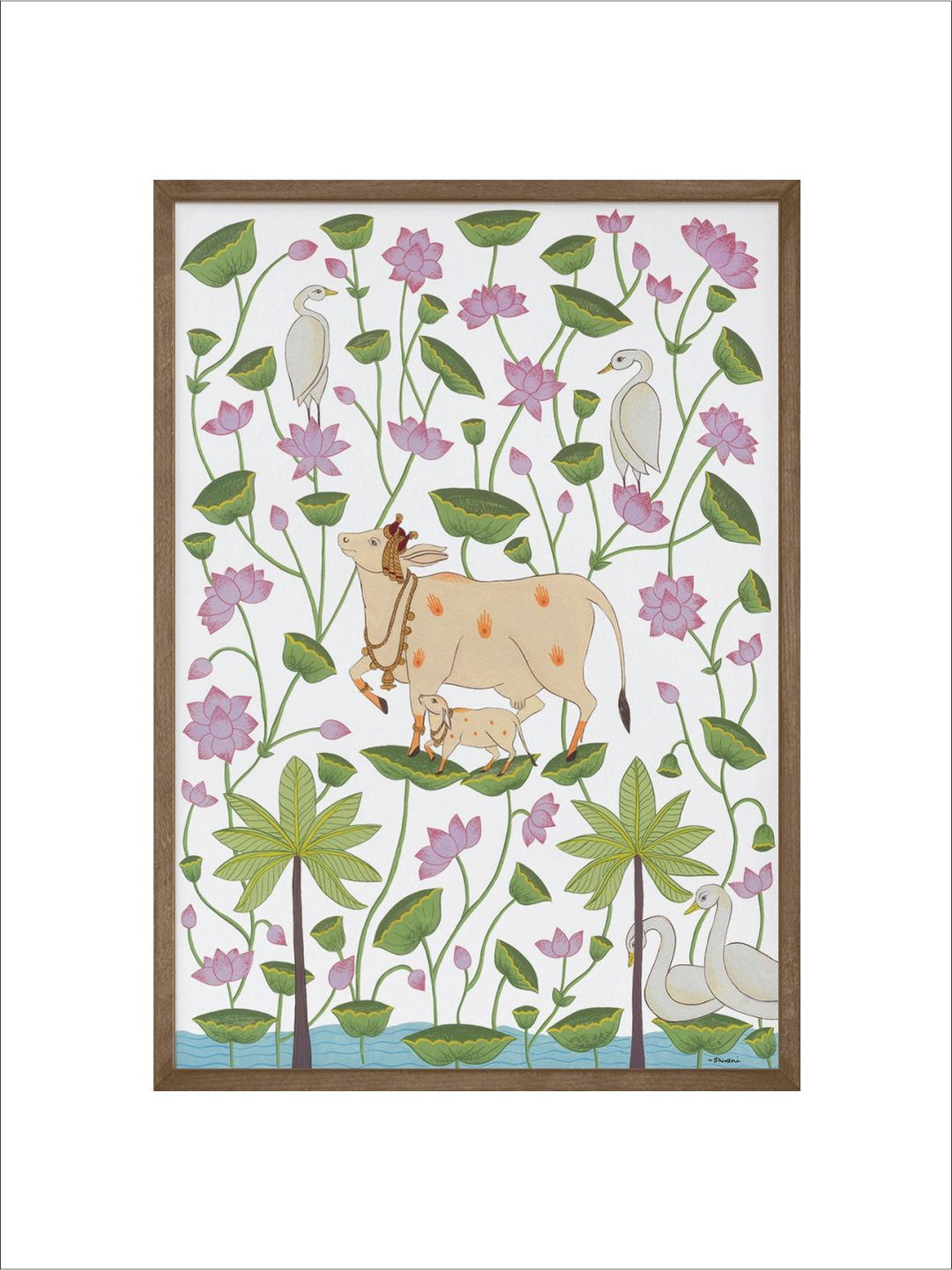 "Cow & Calf In Lotus Pond Printed Framed Wall Art''