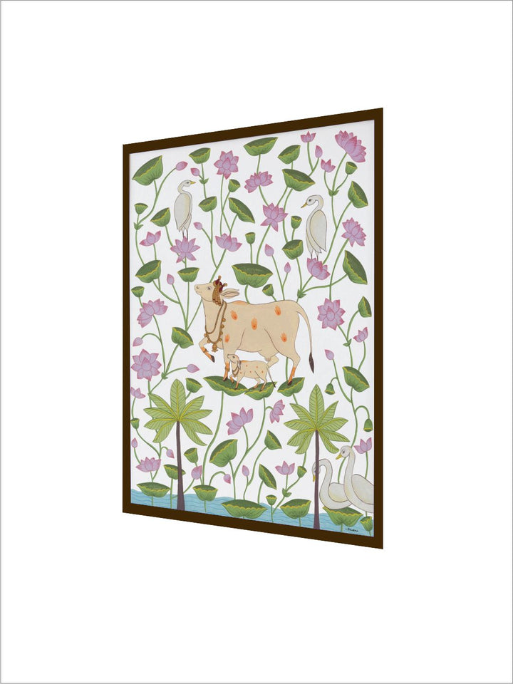 "Cow & Calf In Lotus Pond Printed Framed Wall Art''