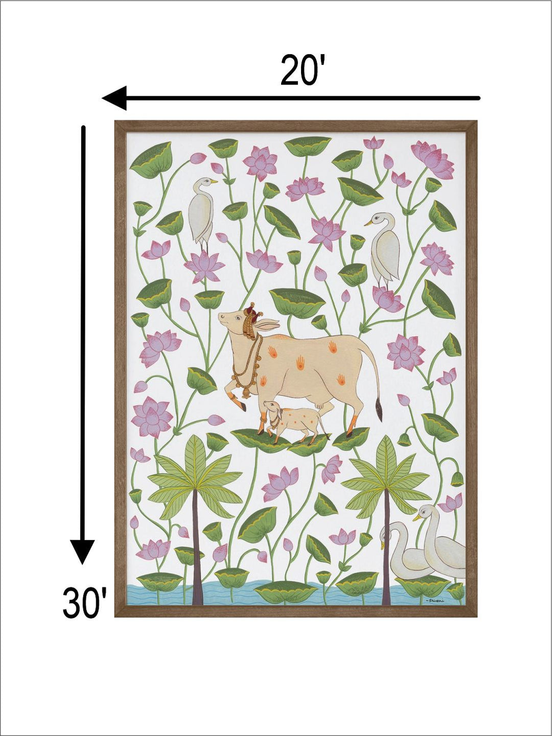 "Cow & Calf In Lotus Pond Printed Framed Wall Art''
