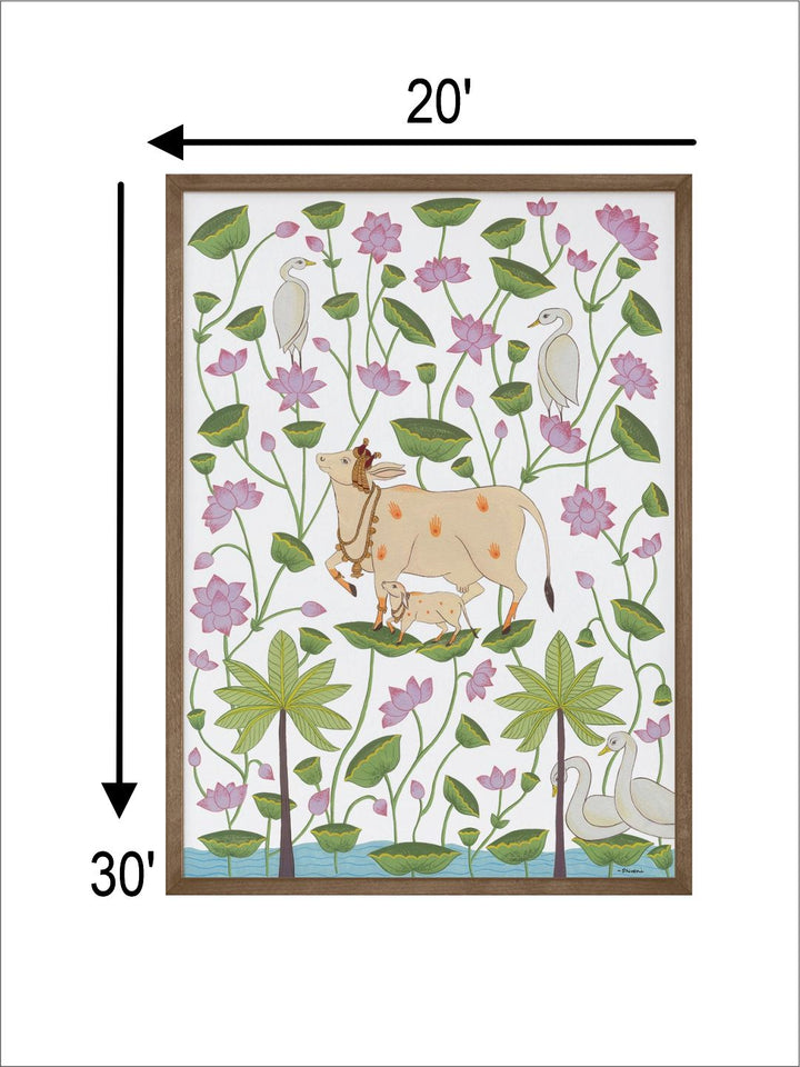 "Cow & Calf In Lotus Pond Printed Framed Wall Art''