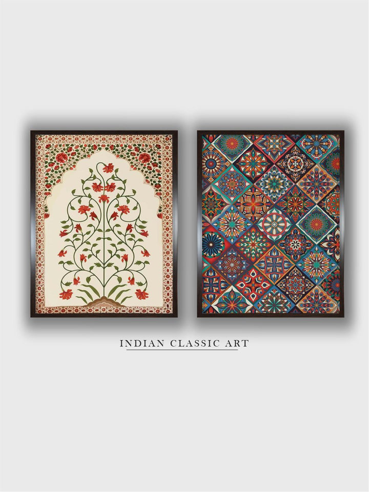 "2 Pieces Indian Floral Painted Framed Wall Art''
