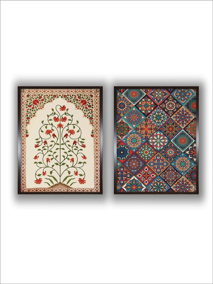 "2 Pieces Indian Floral Painted Framed Wall Art''