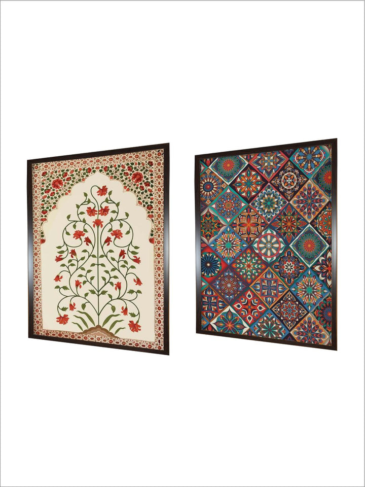 "2 Pieces Indian Floral Painted Framed Wall Art''
