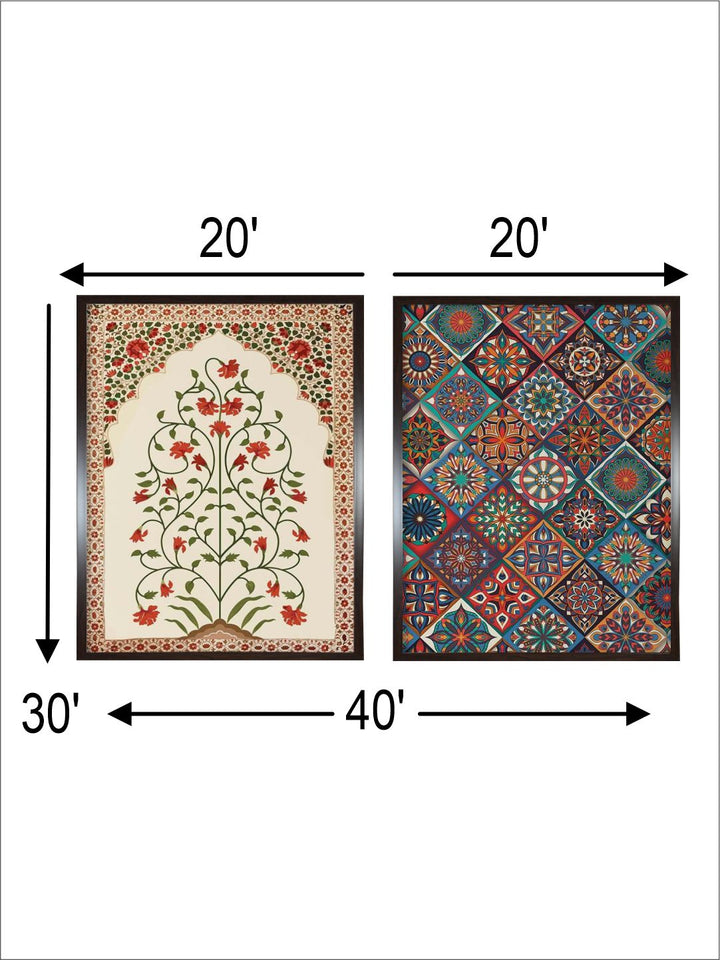 "2 Pieces Indian Floral Painted Framed Wall Art''