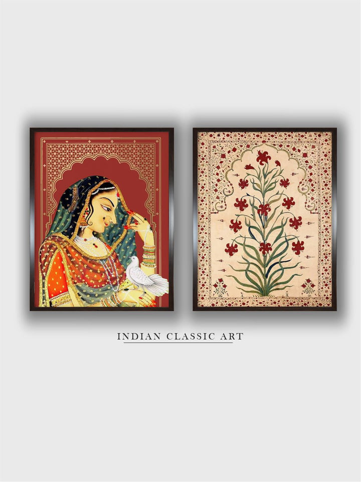 " 2 Pieces Indian Mughal Royal Painting Canvas Wall Art''