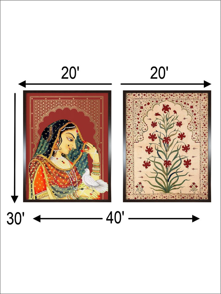 " 2 Pieces Indian Mughal Royal Painting Canvas Wall Art''