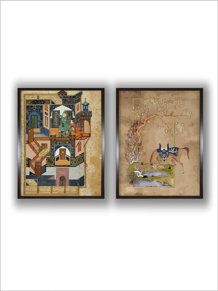 "2 Brown Vintage Persian Art Painted Framed Wall Art''