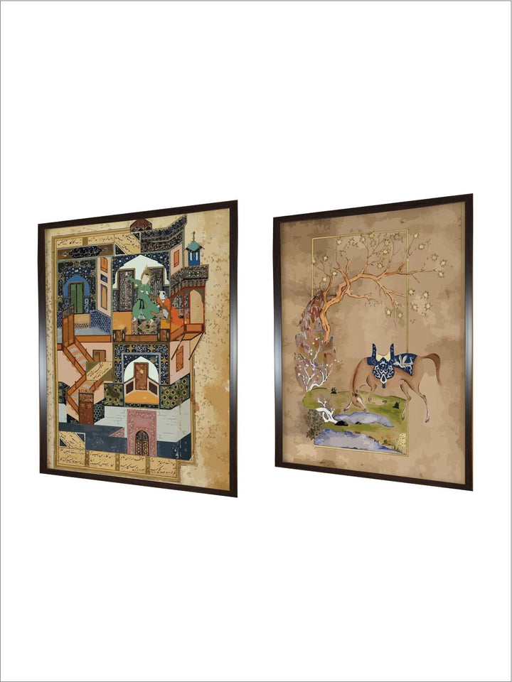 "2 Brown Vintage Persian Art Painted Framed Wall Art''