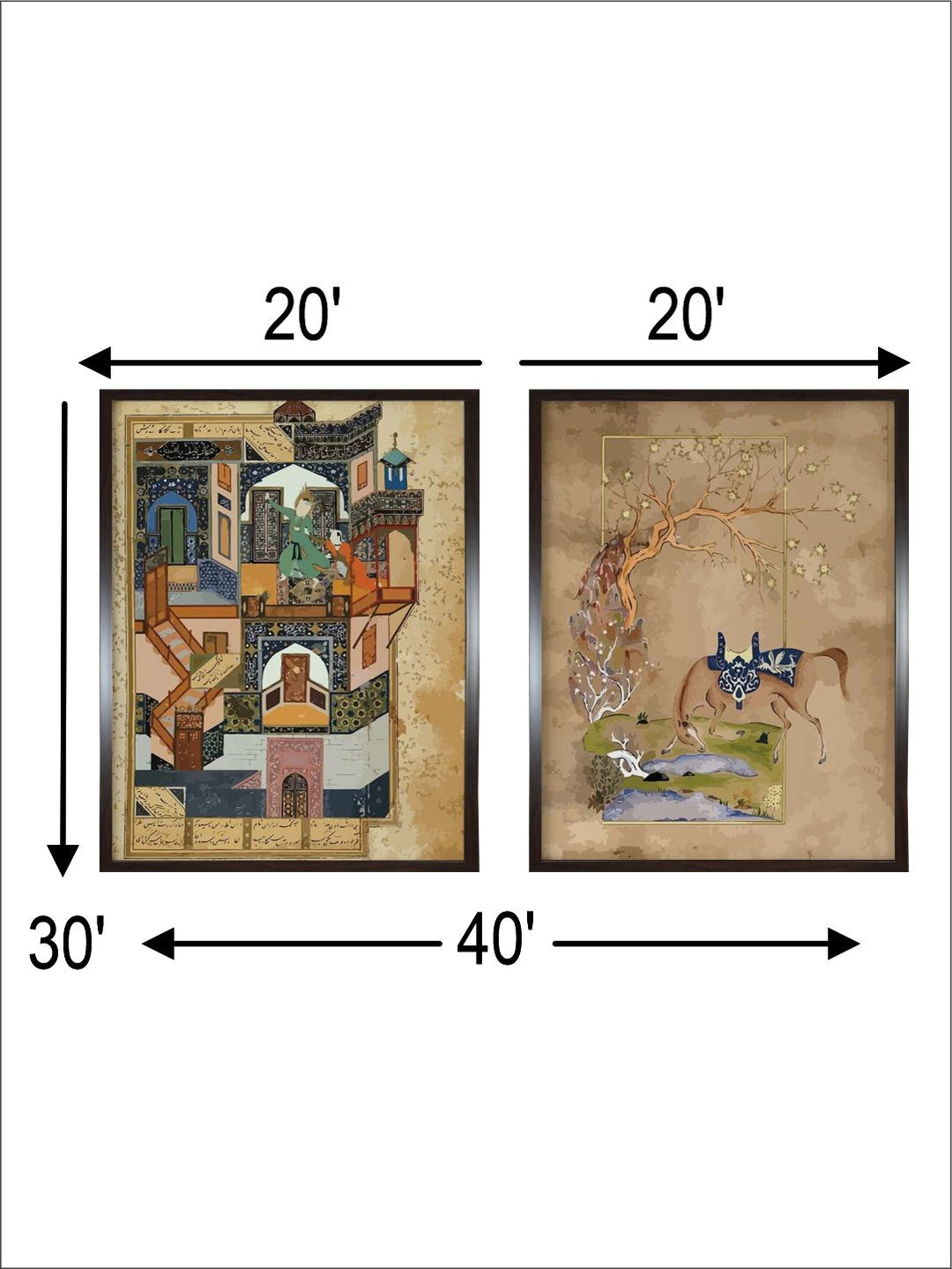 "2 Brown Vintage Persian Art Painted Framed Wall Art''