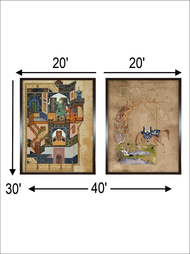 "2 Brown Vintage Persian Art Painted Framed Wall Art''